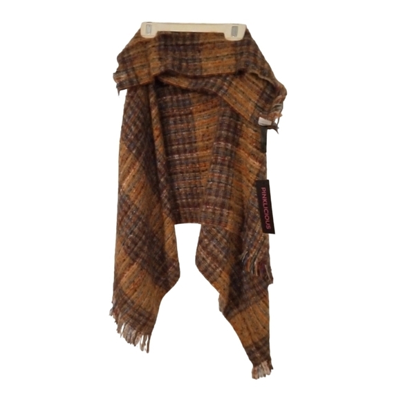 Pinkilicous Plaid Tan, Gold, Brown...Poncho Scarf with Fringe Neckline BoHo  O/S - Picture 1 of 7
